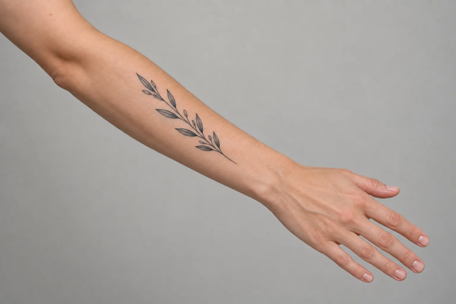 AI-created outer forearm placement reference with the back of the hand facing up and a fine-line botanical tattoo.