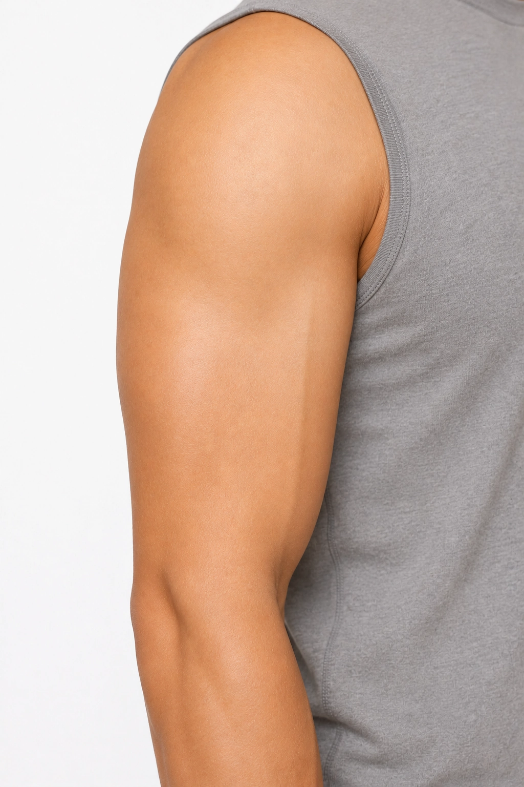 A well-lit upper arm, framed for a tattoo placement photo